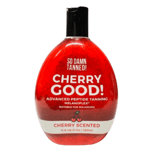 Cherry-scented tanning lotion bottle.