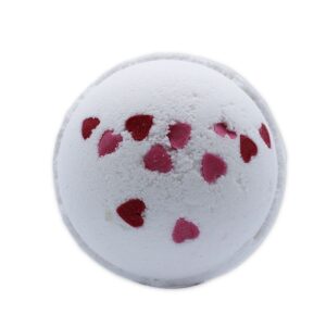 White bath bomb with red heart decorations